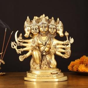 Powerful Brass Superfine Panchmukhi Hanuman Sculpture 11" | Intricate Carvings | 7.5 kg Strength Invoking | 10.5" Width, 6" Depth | Spiritual Sanctuary Enhancer